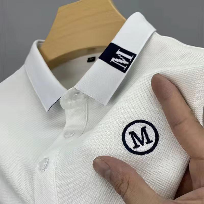 Men's Summer Short Sleeve Embroidered Polo Shirt, Turn-Down Collar, Plus Size, Solid Color