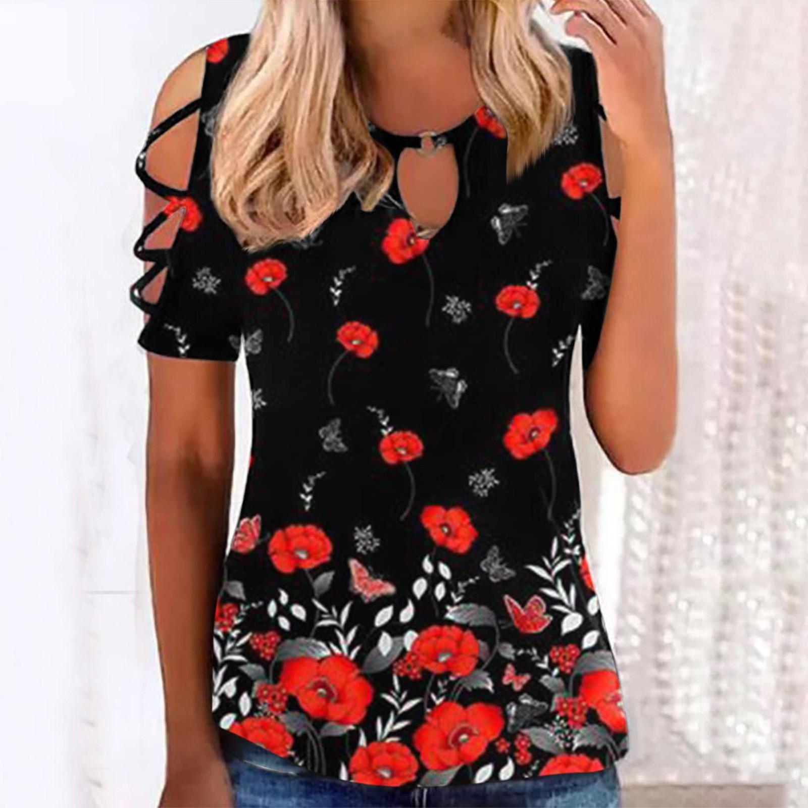 

Модный женский повседневный модный элегантный топ с открытыми плечами и средней талией с цветочным принтом XXL красный