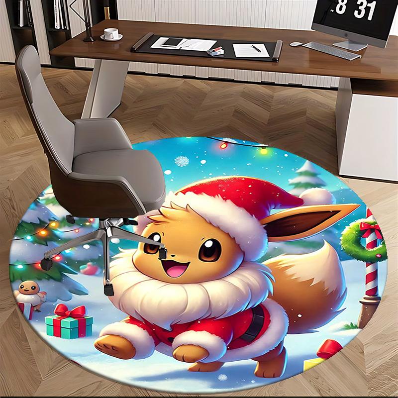 1pc Christmas Eevee Santa Claus Round Carpet - Anime Design, Holiday Gift, Office Chair Mat, Non-Slip Rug for Home Decor, Living Room