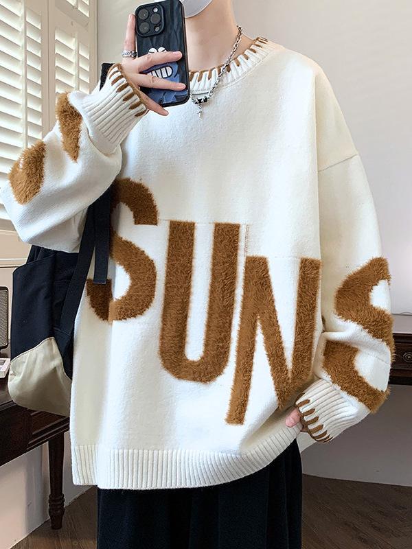 Men's Thickened Round Neck Letter Knit Sweater - Autumn/Winter Casual Jacquard Pullover