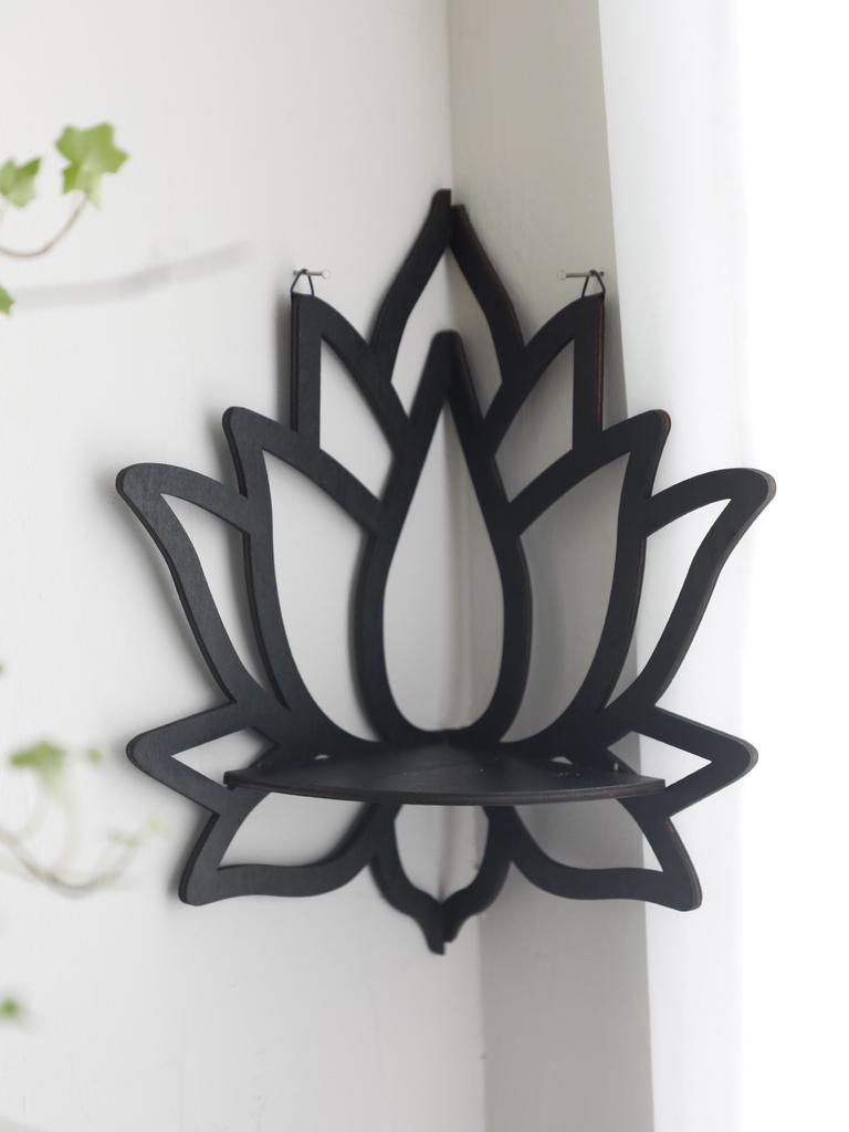 Lotus Crystal Corner Shelf Crystal Shelf Display Black Wooden Wall Shelves Essential Oil Shelf Witchy Decor Aesthetic Spiritual