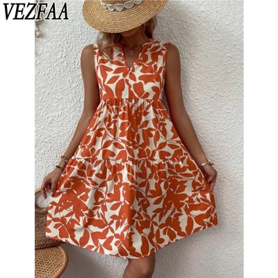 Abiti casual da donna, moda estate primavera, motivo floreale, stampa senza maniche, scollo a V, vita centrale