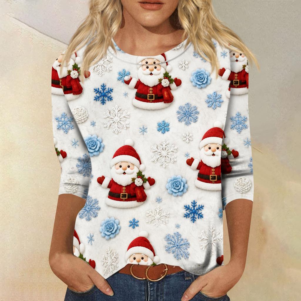 Women's Casual Neck Top with Christmas and Halloween Print for Holiday Wear