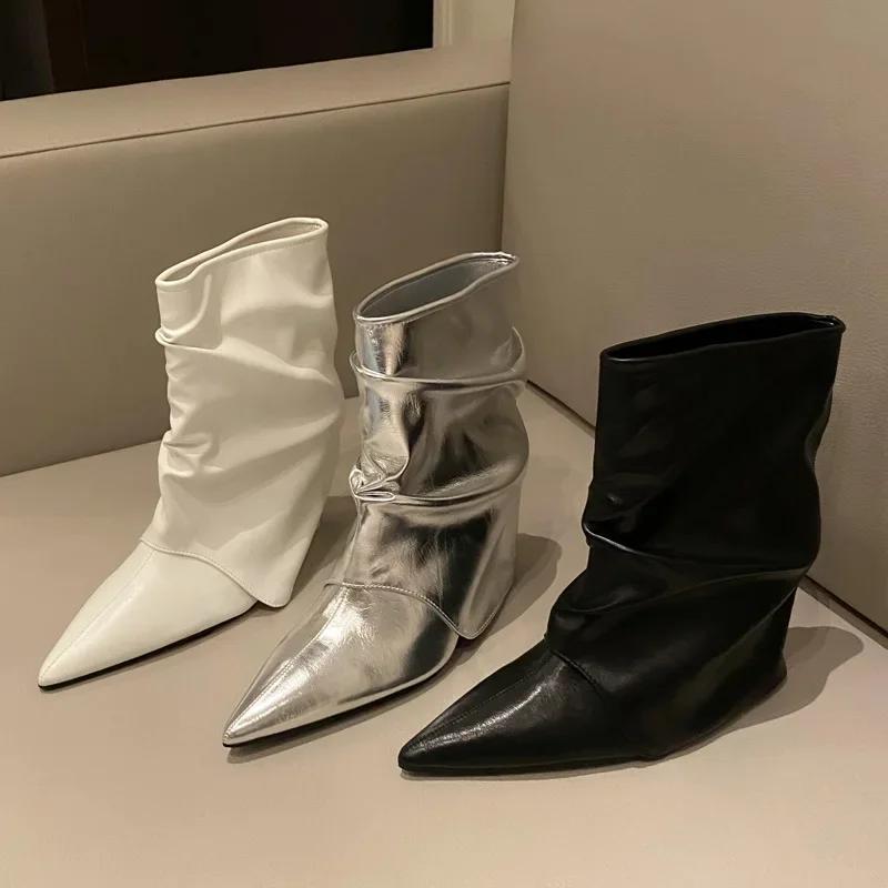 Designer Pointed Toe Women Ankle Boot Pleated Thin Heels Short Boots Street Style  Autumn Winter SEXY Fashion Women Boots