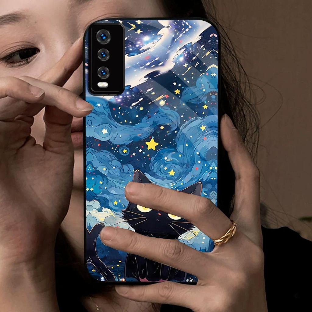 Case for Vivo Y20s G Y20i 2021 Y20 Y12s Y12A Anime Black Cat Starry Cloud Print Phone Cover Acrylic Hard Back Shell With Flexible TPU Edge