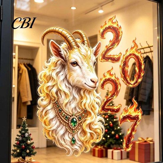 Electrostatic Glass Sticker for Home 2027 Year of Goat Window Cling, Golden?White Zodiac Static Professional Holiday Sticker, Lunar New Spring