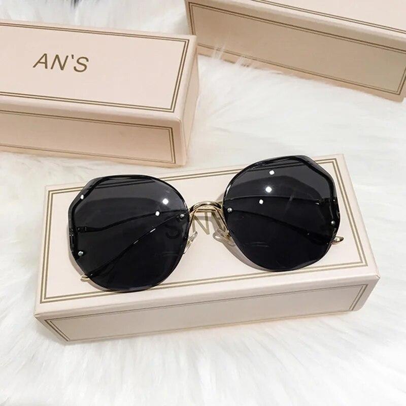Irregular Round Sunglasses Woman  Designer Gradient Fashion Sun Glasses Female Rimless Metal Curved Temples Oculos De Sol
