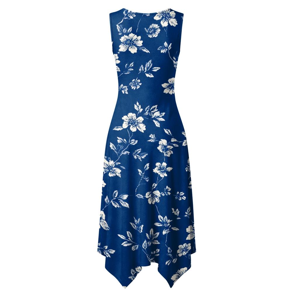 Women's Casual Sleeveless Floral Print Dress Round Neck Irregular Hem Mid-Length Summer Dress Lightweight Comfortable Fabric