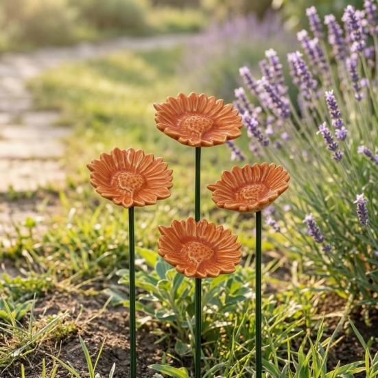 Nostalgie Bee Water Feeder, Handmade Ceramic Flower Garden Stake, Mini Pollinator Watering Station, Small Bird Bath Butterfly Feeder for Outdoor Yard