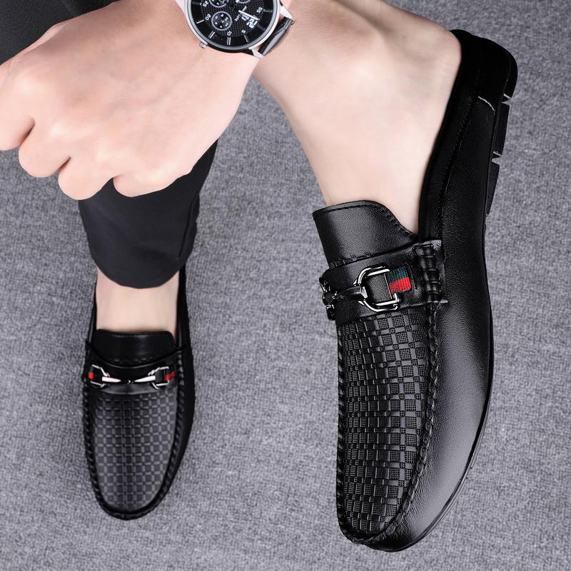 Fashion Summer Breathable Shoes Men Fashion Genuine Leather Half Shoes Slip On Moccasins Casual Italian Style Luxury Brand Half Loafers
