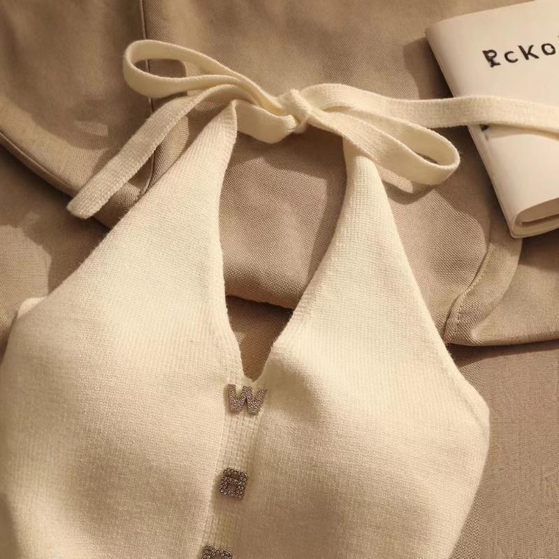 Kadın Kısa Yelek Moda V Yaka Kolsuz Harfli Yazlık Giyim Atlet Arkası Bağcıklı Kore Moda Stili Crop Giyim