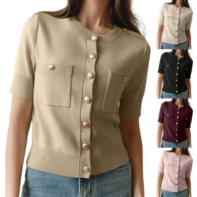 Damen Eleganter Entspannter Passform Lässiger O-Ausschnitt Knopf Detail Strickpullover