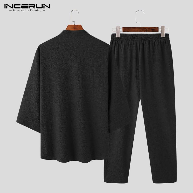 Men 2pcs Tops Incerun Suits And Drawstring Long Pants Loungewear