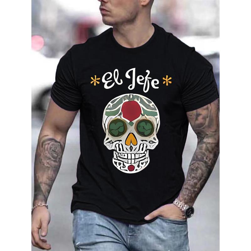 

Men S Casual Graphic T-Shirt - El Jefe Skull Print, Short Sleeve, Crew Neck, Light Gray, Summer Fashion Tee , Casual Attire | Comfortable S чёрный