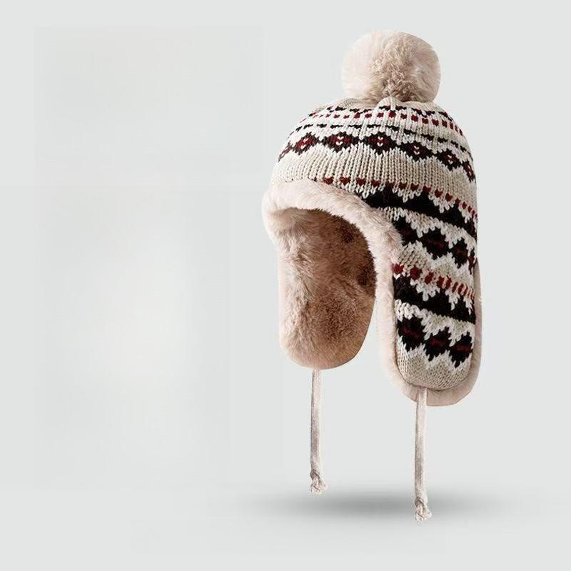 Winter Jacquard Women's Vintage Ethnic-Style Thickened Warmth-Retaining Cold-Protection Ear-Covering Hat Lei Feng Knit Hat