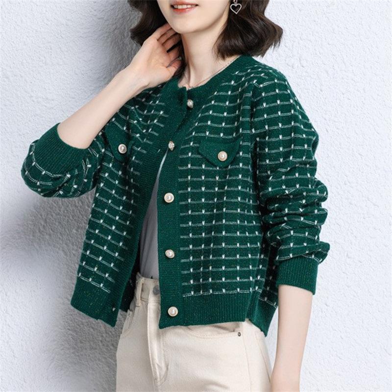 Autumn and Winter Xiaoxiangfeng Top, Short, Small, Foreign, Elegant, Black and White Plaid Contrasting Knitted Jacket