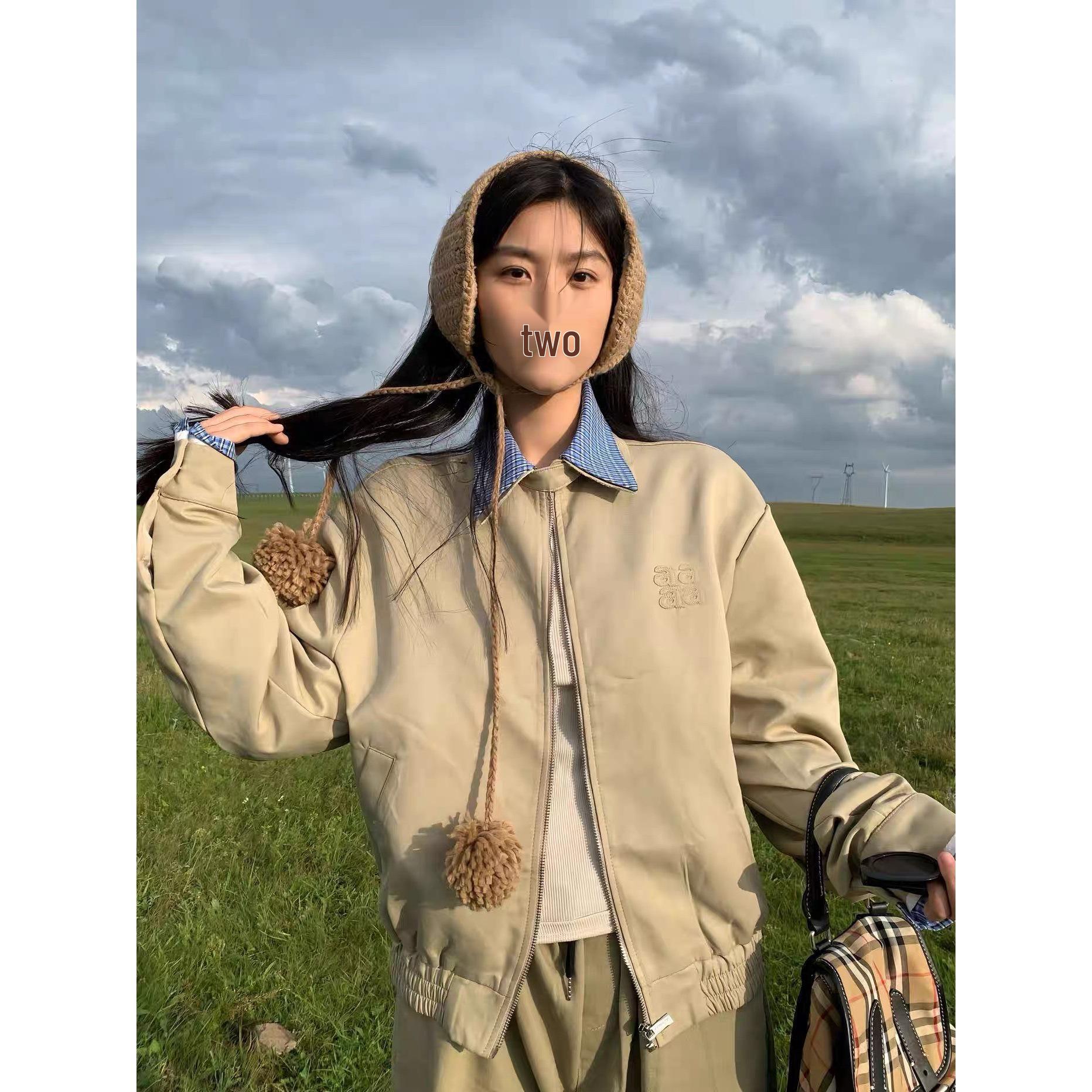 

Женская маленькая клетчатая лоскутная куртка с отложным воротником - Свободный повседневный топ на осень/весну Extra Large хаки