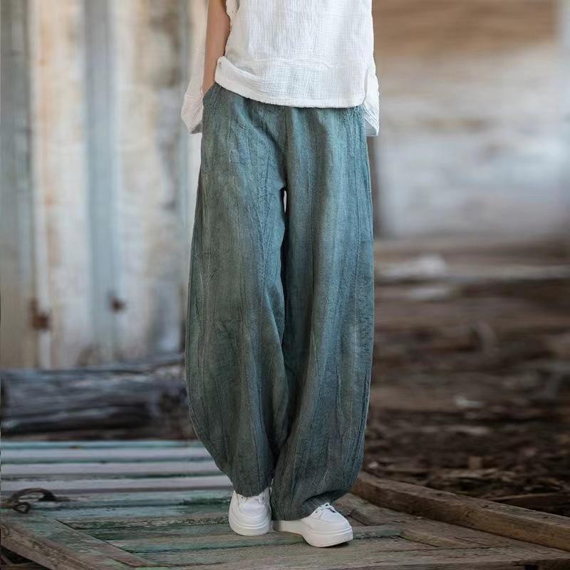 Johnature Women Vintage Tie-dye Wide Leg Pants Elastic Waist Autumn Trouser Loose Pockets Women Ramie Cotton Pants