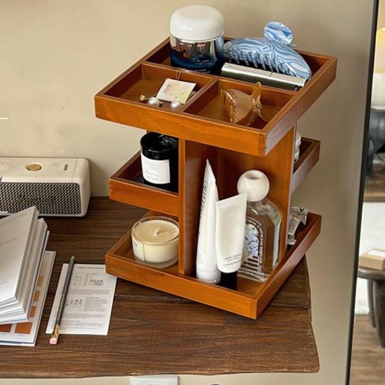 Storage Rack Cosmetic Organizer Large Capacity Multi-Layer Design 360-Degree Rotatable Wood Perfume Shelf Display Holder