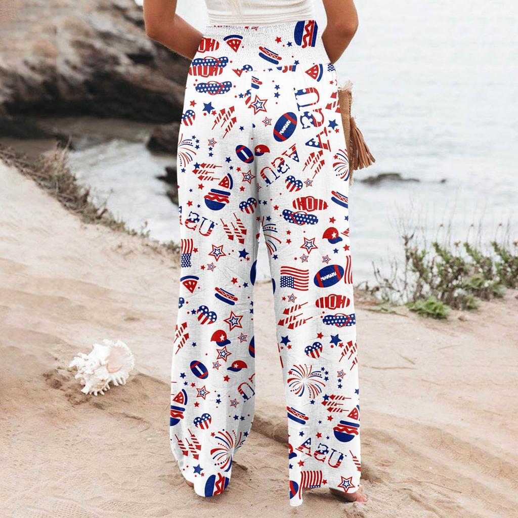 Women's Fashion Loose Casual Independence Day Print High Waist Wide Leg Pants Casual Pants