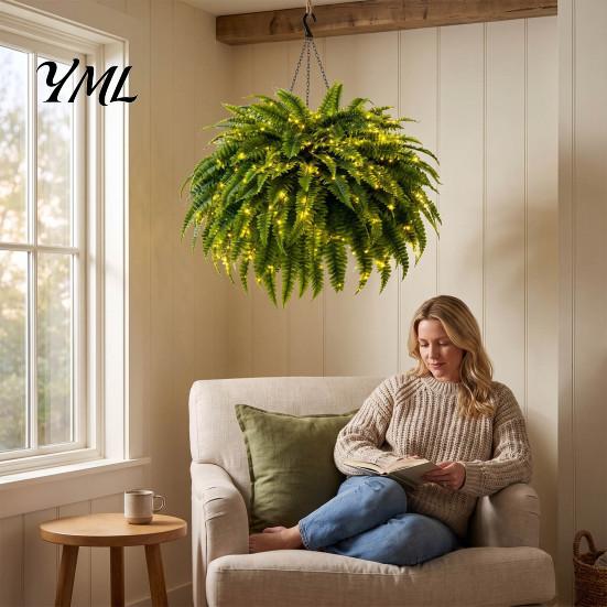 Artificial Plants for Balcony Pre-Lit Ferns with Warm LED Lights, UV Resistant Faux Hanging Garden Decoration Home Outdoor Patio Front Porch