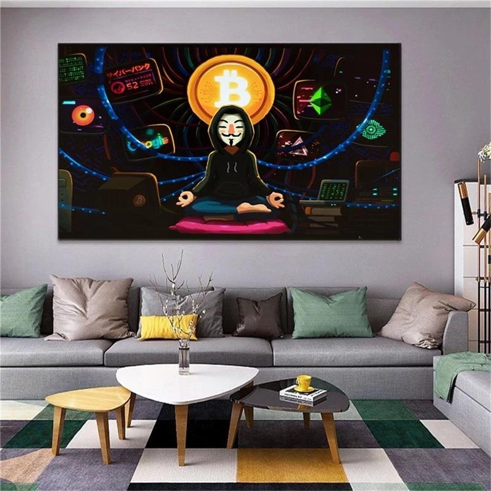 Bitcoin Anonymous Meditation, Leinwandgemälde, Wandkunst, Poster und Drucke, moderne Bilder für Wohnzimmer, Schlafzimmer, Heimdekoration, ohne Rahmen