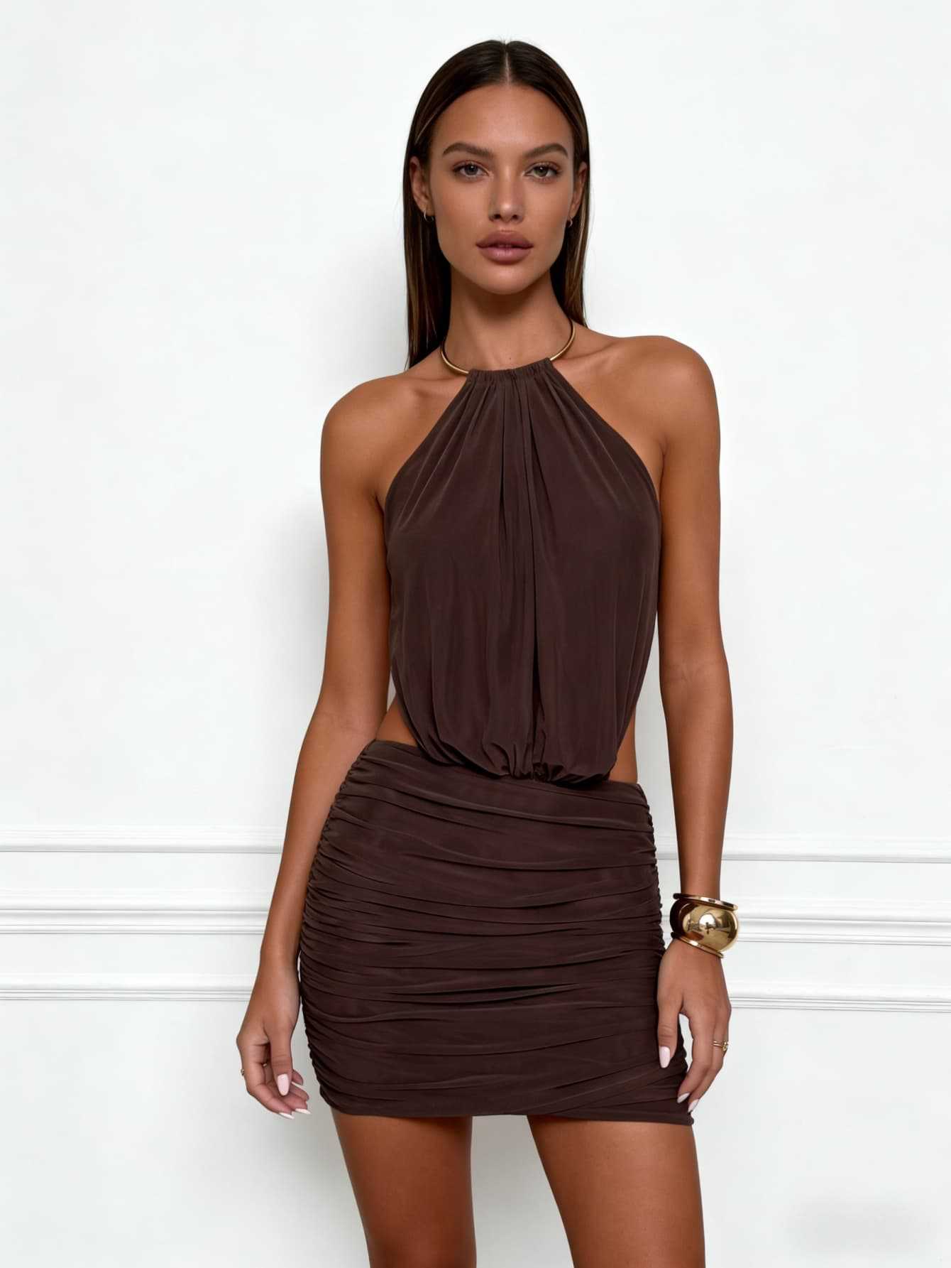 

Hot Sale Brown Neck Dress, Metal Ring Halter Pleated Hip Wrap Short Skirt Women s Clothing XS