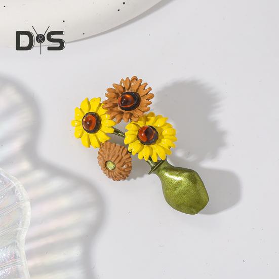 Women Brooch Sunflower Vase Shape Retro Enamel Anti-slip Polished Coat Collar Bag Scarf Hat Decoration Clothes Pin Party Banquet Clothing Jewelrys