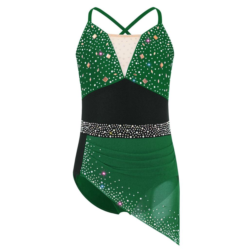 Rochie Patinaj Artistic Fete Spate Încrucișat Bretele Spaghetti Strasuri Design Încrețit Rochie Asimetrică din Plasă