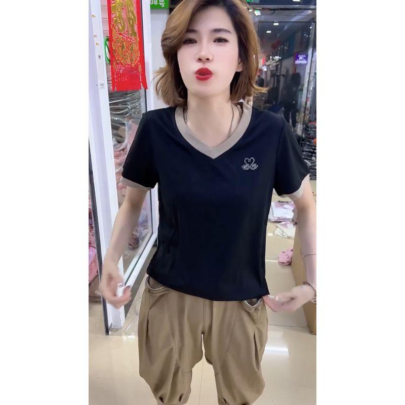 

Women s Black Swan Meat Hiding Thin Color Matching Short Sleeve T-Shirt Black XL [80-110]]
