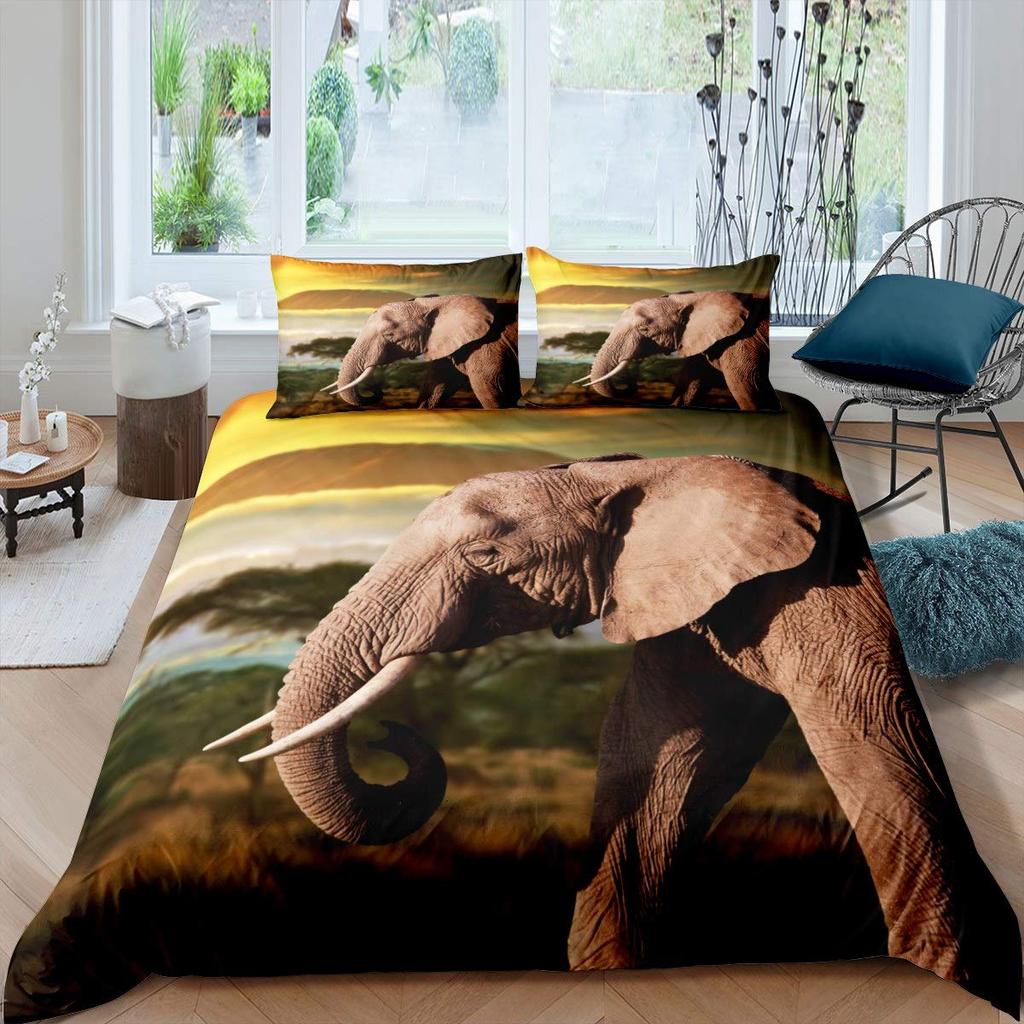 3D Elephant Duvet Cover Set Queen Size African Safari Animal Comforter Set Wildlife Bedding Set Retro Wall Decor Bedspread Cover