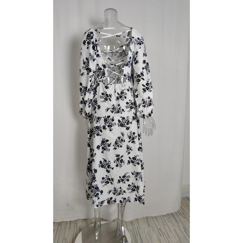 Printed Square Neck A-line Dress Women's Temperament Sexy Backless Slit Tied Dress Spring 2025