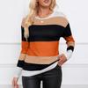 Round Neck Long-sleeved T-shirt Autumn Striped Contrasting Women's Pullover Leopard Knit Top Loose and Fashionable
