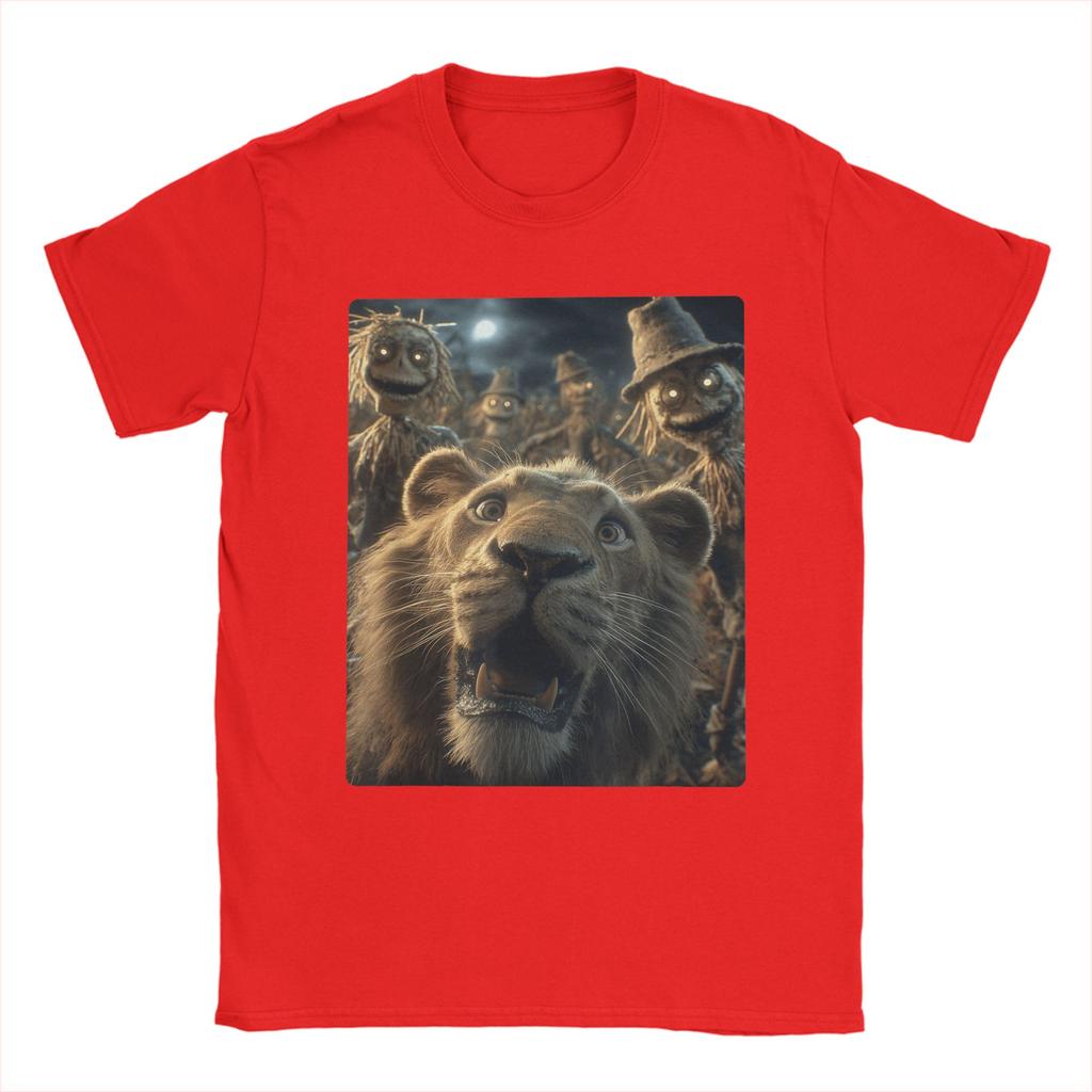 Men T-Shirts Funny Lion Selfie With Scarecrows Novelty Cotton Tee Shirt Scary Halloween T Shirt Crewneck Merchandise Plus Size