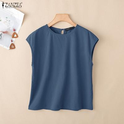 Women Casual Round Neck Solid Color Loose Short Sleeve Cotton Blouse