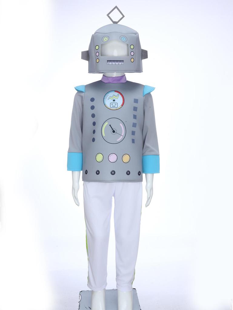 Unisex Kinder Roboter Kostüm Langarm Bunt Bedrucktes Oberteil Elastischer Bund Hose Niedliche Roboter Kopfbedeckung Cosplay Halloween Set