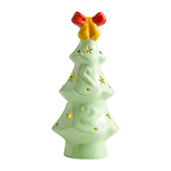 Lighted Ceramic Christmas Tree Small Xmas Tree Figurine with Fruit Tree Topper Holiday Tabletop Centerpiece for Home Mantel Shelf Fireplace Decor