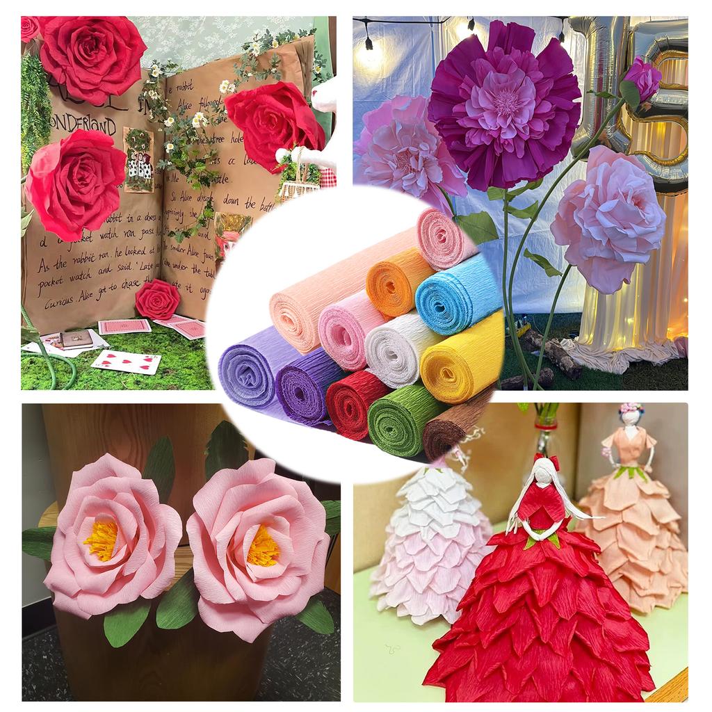 50x250cm 12 Colori Rotolo di Carta Crepla Colorata Carta Crepla Pieghettata per Origami Artigianato Fiori Fai-da-te Decorazione Carta da Regalo Artigianato