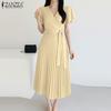 ZANZEA Women Casual V-Neck Summer Short Sleeve Pleated Dres