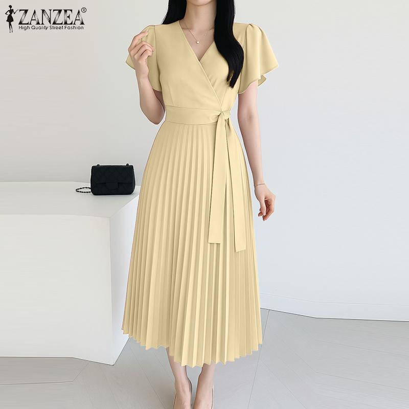 ZANZEA Women Casual V-Neck Summer Short Sleeve Pleated Dres