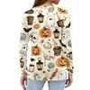 Women's Fashion Casual Halloween Printed V-Neck Button Trim Long Sleeve T-Shirt Top