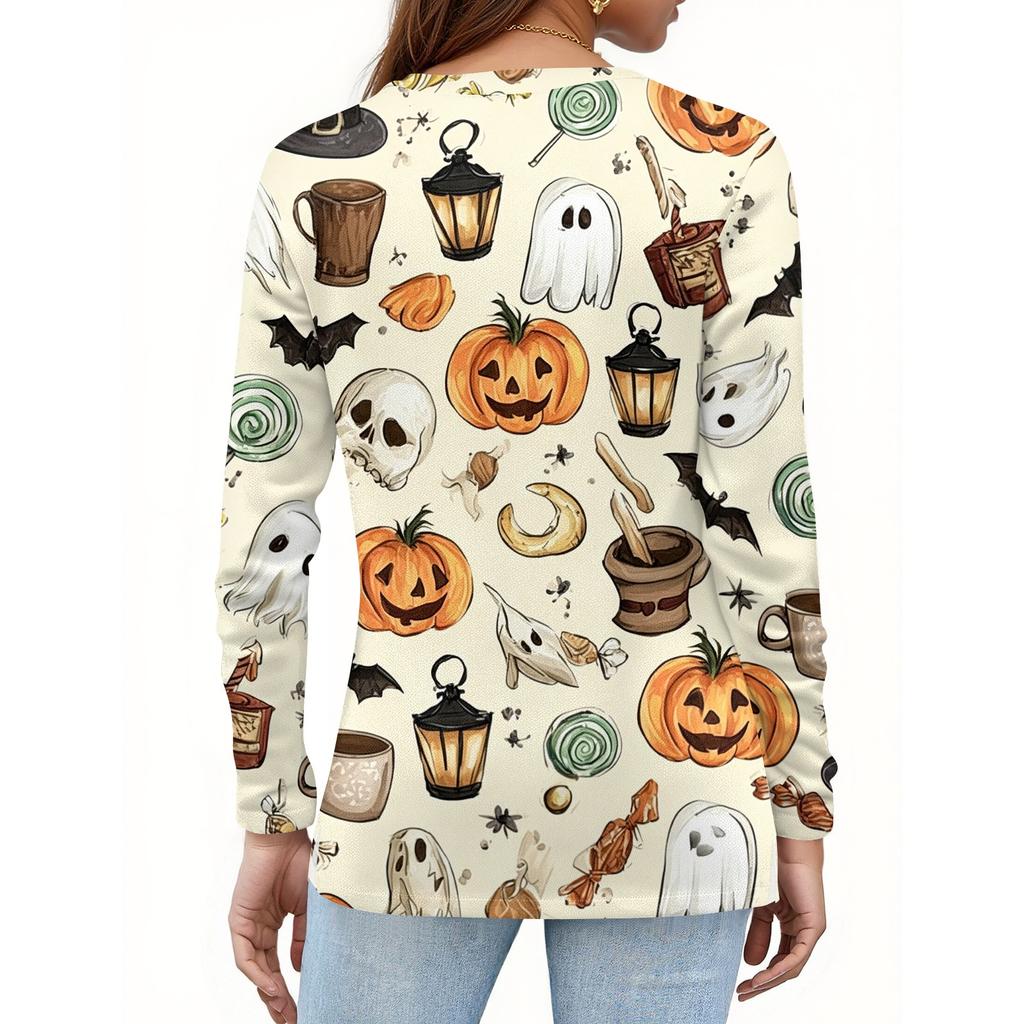 Women's Fashion Casual Halloween Printed V-Neck Button Trim Long Sleeve T-Shirt Top