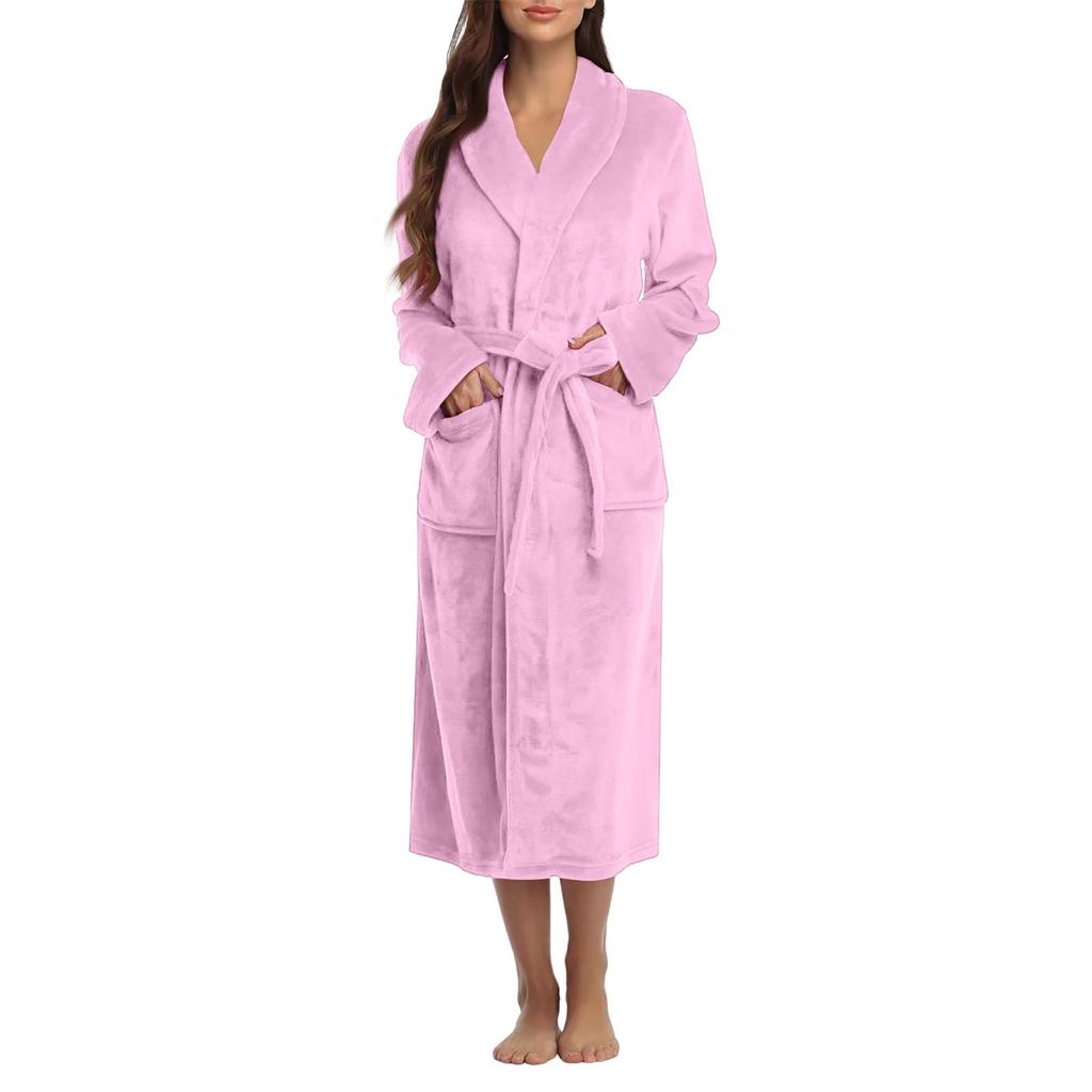 Damen Langer Revers Warmer Morgenmantel Hauskleidung Einfarbig Dick Bademantel Enganliegender Pyjama