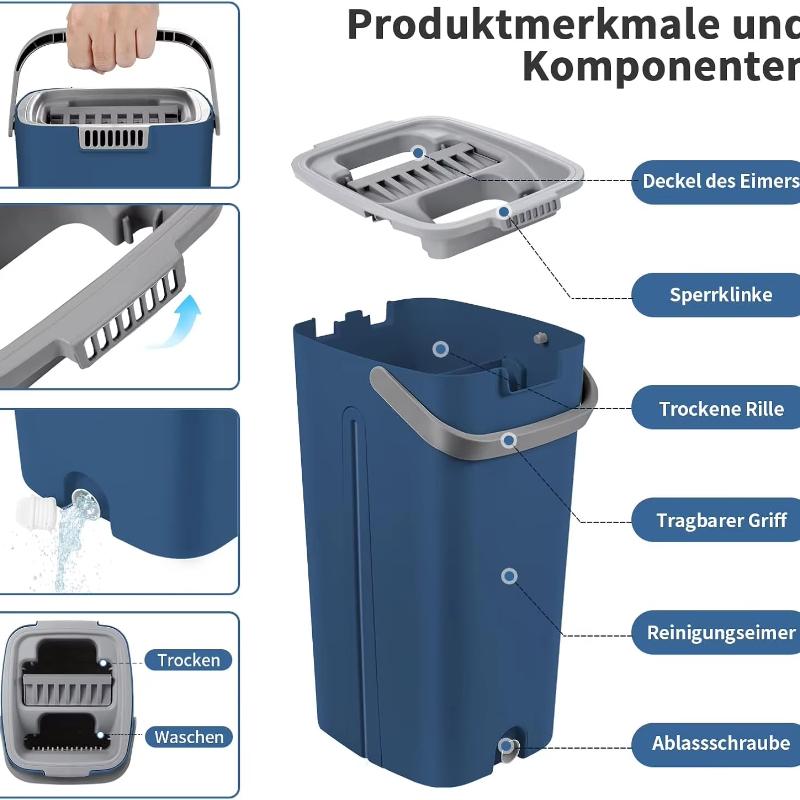 Bucket Mop Set with 2 Mop Pads and 121 Cm Stainless Steel Handle with Wiping Function for Hardwood, Laminate Tiles