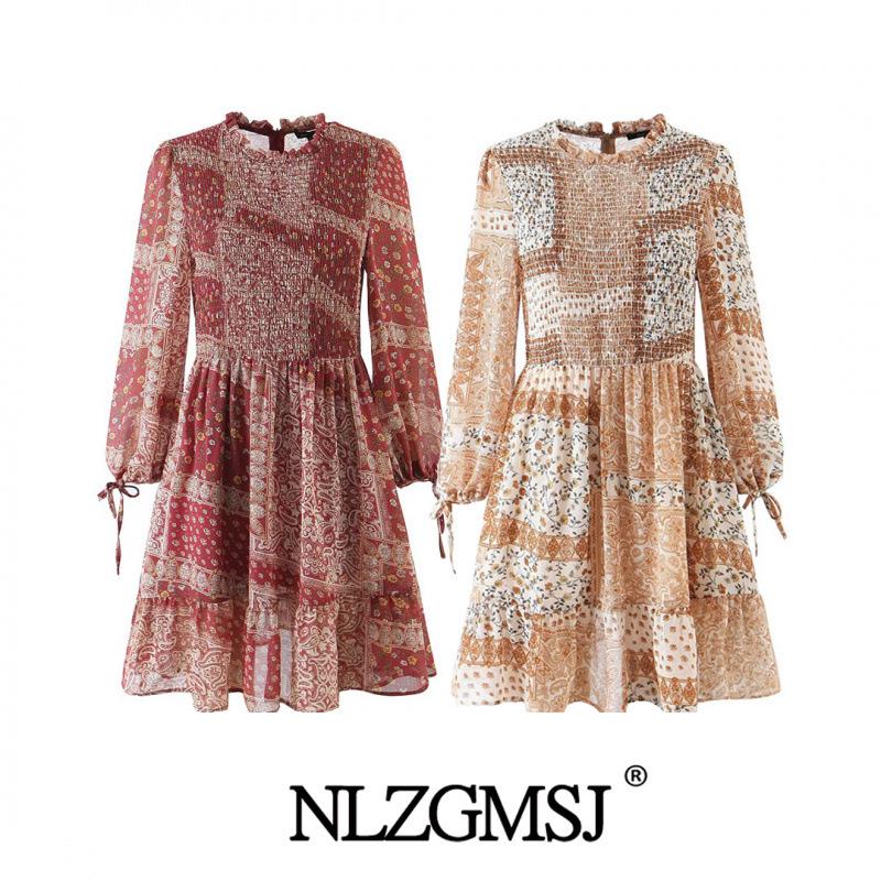 2025 Winter European & American Style Patchwork Print Dress with Faux Bow Tie Cuffs Large красный