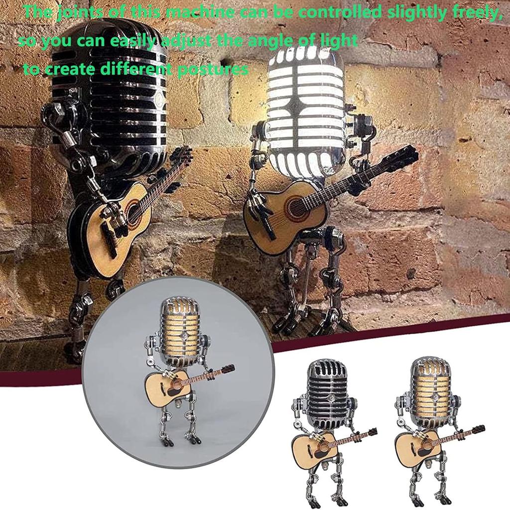 Microphone Robot Lamp Statue Industrial Table Lamp, Retro Steam Punk Robot Lamp Decor Night Light Creative Fun Desk Lamp for Home Office Desk