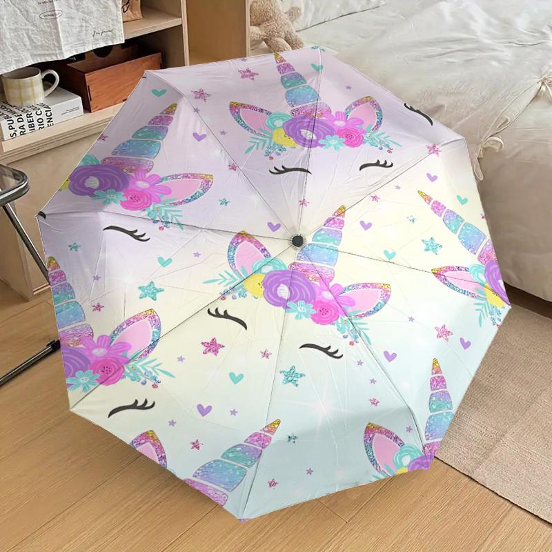 1PC Unicorn Flowers Umbrella-8-Rib Reinforced Portable Folding Travel Suitable for All Seasons Outdoor Daily Use-G322