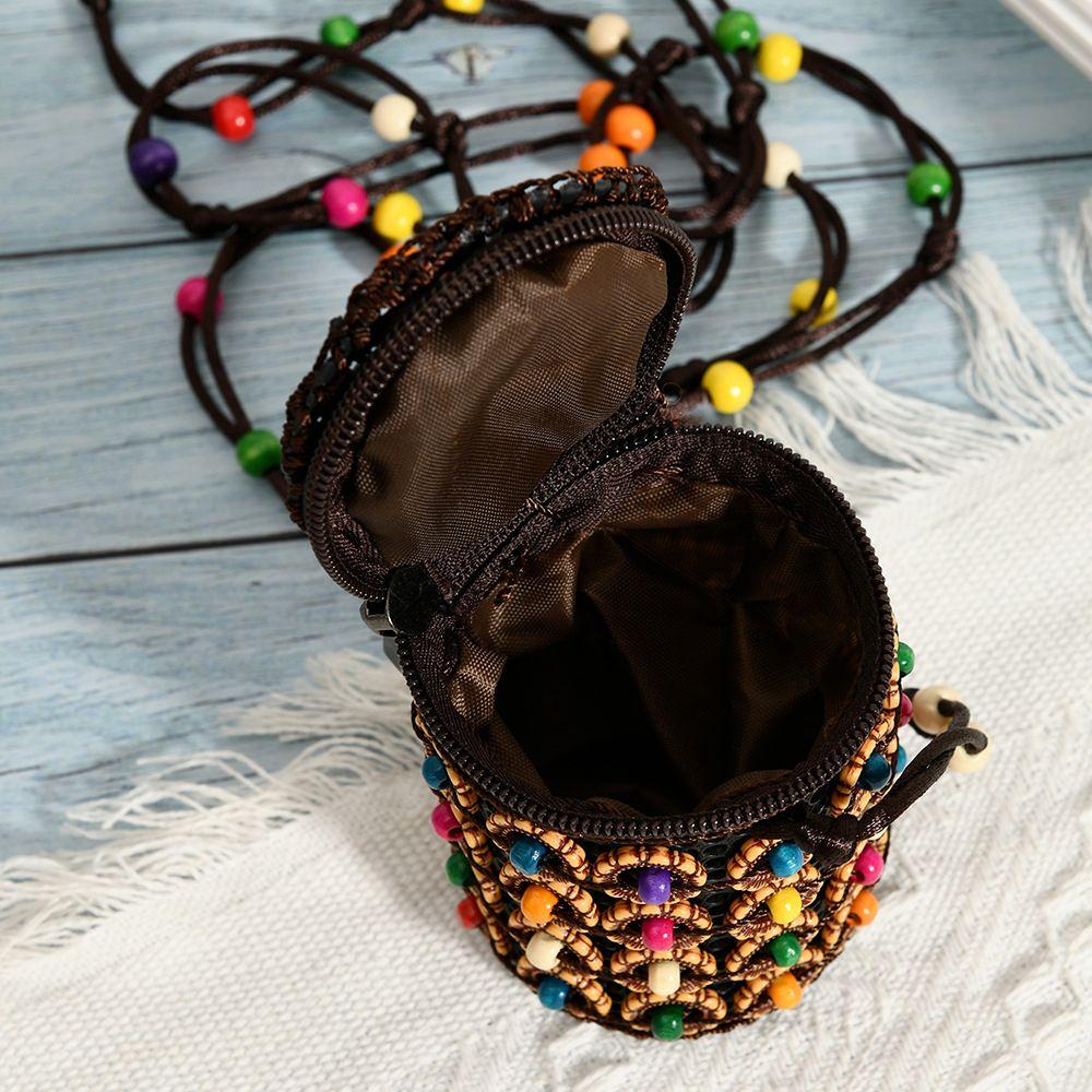 Tragbare Stoff-Umhängetasche im ethnischen Stil, Retro-Kokosnussschale, handgeflochtene Tasche, Vintage-Handtasche, Bohemian-Umhängetasche für Damen