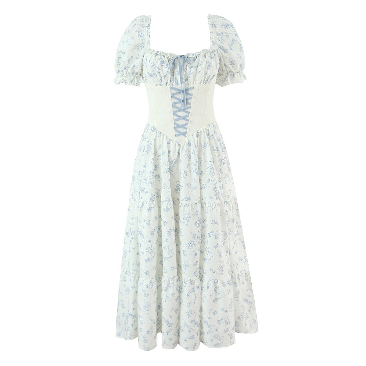 

Blue Wisteria French Design Pastoral Slimming Lace-up Short Sleeve Dress for Women Summer Princess Aura L