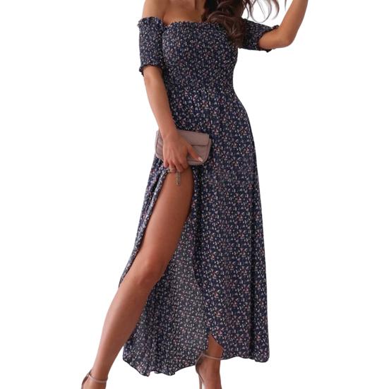 

Lady Dress Shoulder-less Breathable Frill Flower Print Maxi Dress Prom Clothes XL темно-синього кольору